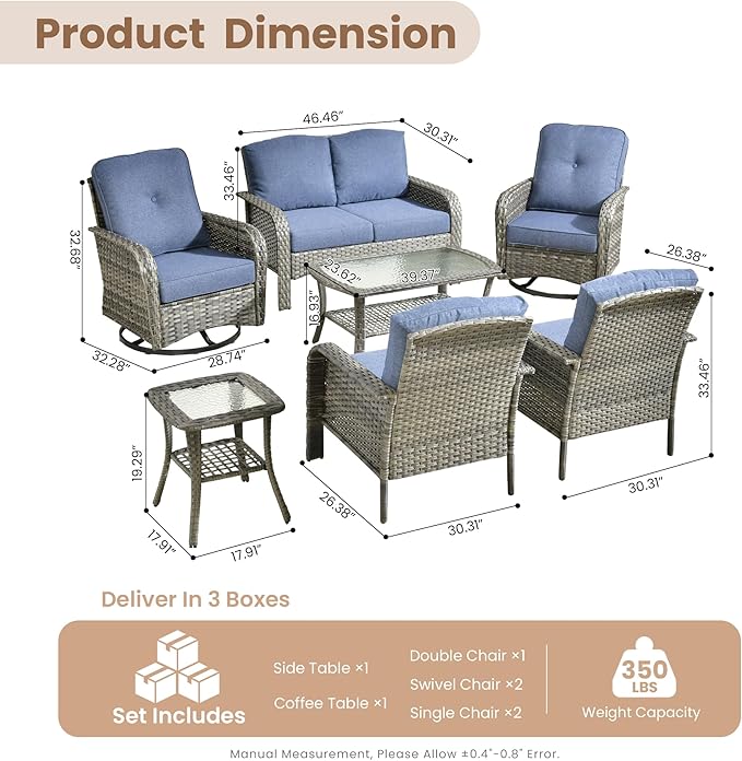 HOOOWOOO Patio Furniture Set,7 Pieces Outdoor Conversation Set,All Weather Wicker Loveseat Sofa Set with High Back Swivel Rocking Chairs Tables,Denim Blue