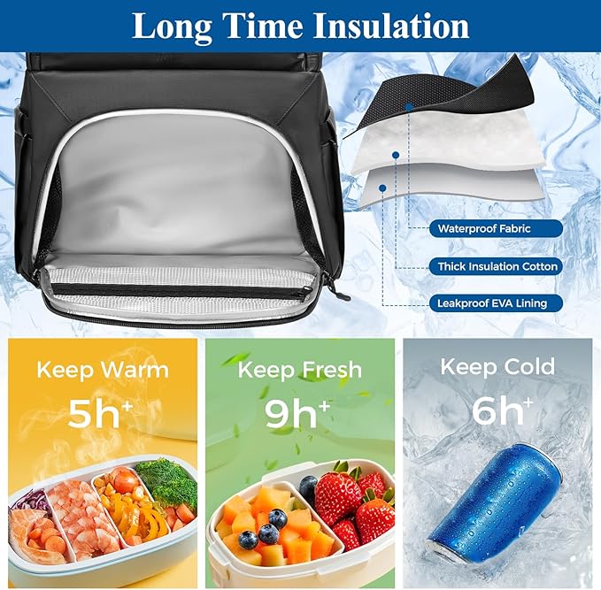 MATEIN Work Backpack with Lunch Compartment, Waterproof PU-coated Meal Prep Backpack for Men with Cutlery Pocket, Large 17 Inch Laptop Back Pack with USB Port, Insulated Cooler Bag for Office Picnic