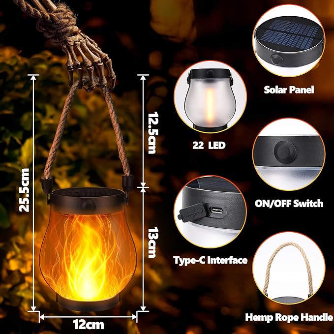 Halloween Solar Flame Lantern Hanging Outdoor Waterproof Purple - 2 Pack Flame Lanterns with Dual Charging Modes of Solar & USB for Garden or Yard Halloween Decorations (Warm White - 1 Pack)