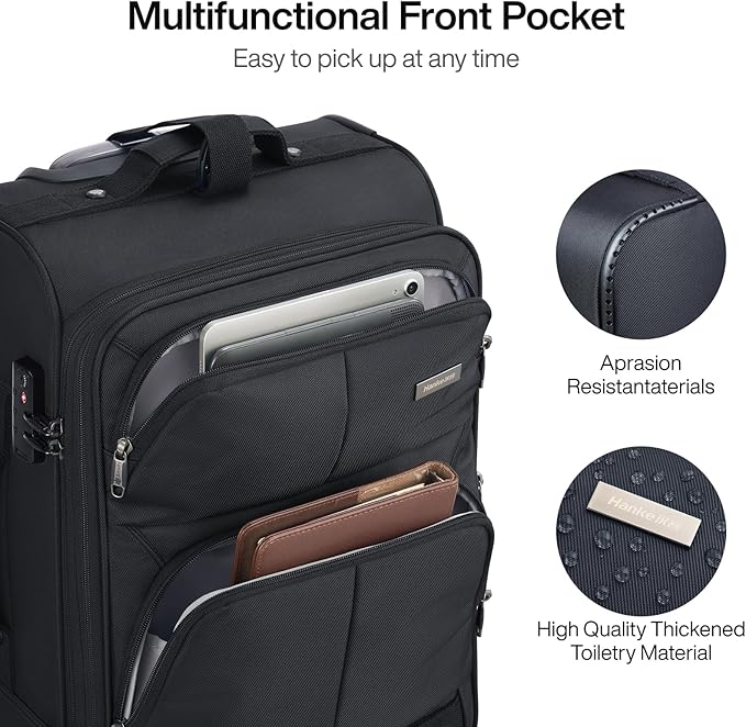 Hanke 20 Inch Softside Expandable Carry On Luggage with Spinner Wheels, Rolling Suitcase Travel Luggage with TSA Approved Luggage,Black