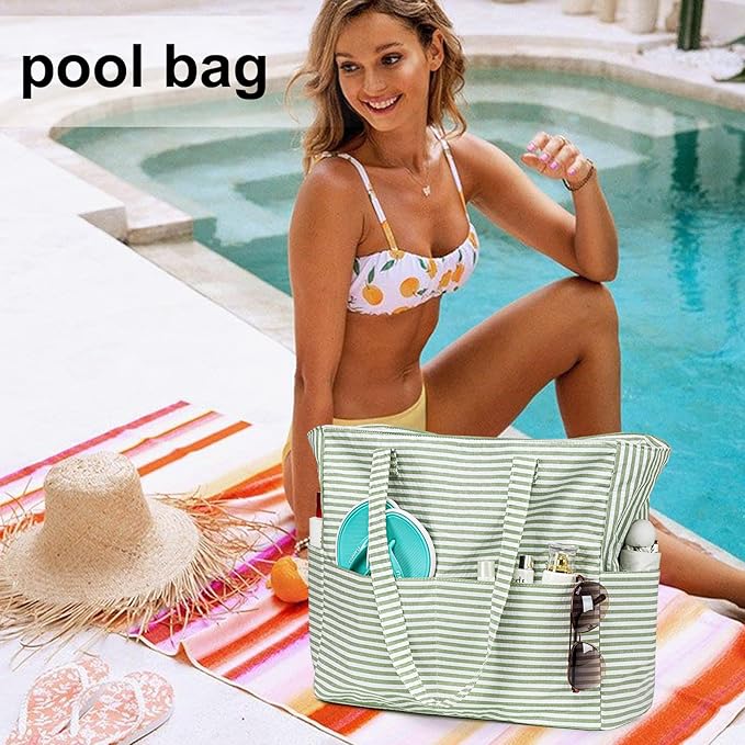 LEDAOU Large Beach Tote Bag Women Waterproof Sandproof Zipper Beach Tote Bag for Pool Gym Grocery Travel with Wet Pocket