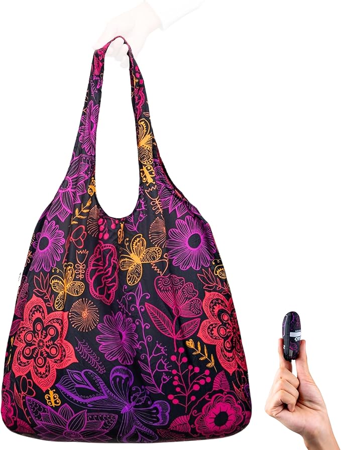 Nanobag Ultra-Lightweight Heavy Duty Foldable Tote for Women & Men, Reusable Grocery & Travel Bag, Packable Collapsible Compact Market Essential (XL Neon Flowers)