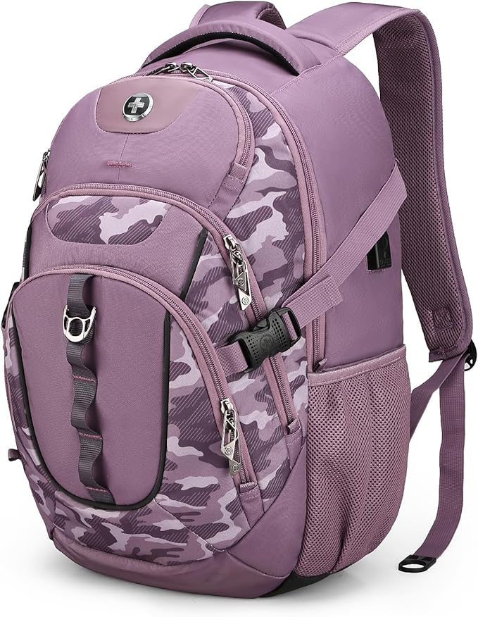 Swissdigital Design Laptop Backpack with USB Charging Port, Travel Backpack Fits 15.6 inches Computer, 31L College School Backpack for Men, Pink Camo | SD803
