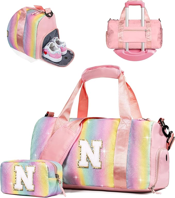 Gift Ideas for Kids Girls-Girl Gym Bag with Shoe Compartment, Kid Personalized Weekender Overnight Bags, Initial Travel Tote with Makeup Pouch, Graduation Gifts Granddaughter (Letter N)