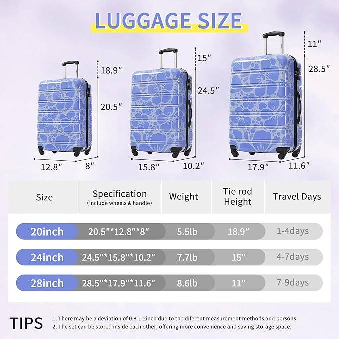 Merax Luggage Sets 3 Piece, Hardside Suitcase Set with Spinner Wheels, Lightweight Printing Luggage Carry on,20+24+28 IN,Blue