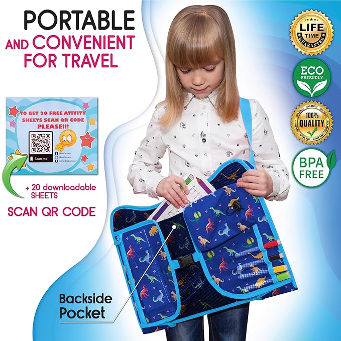 Kids Travel Tray - Waterproof Car Table with No-Drop Large Tablet Holder - Car Seat Tray - Road Trip Must Haves - Lap Desk Kids Organizer for Airplane - Toddler Travel Activities (Blue)