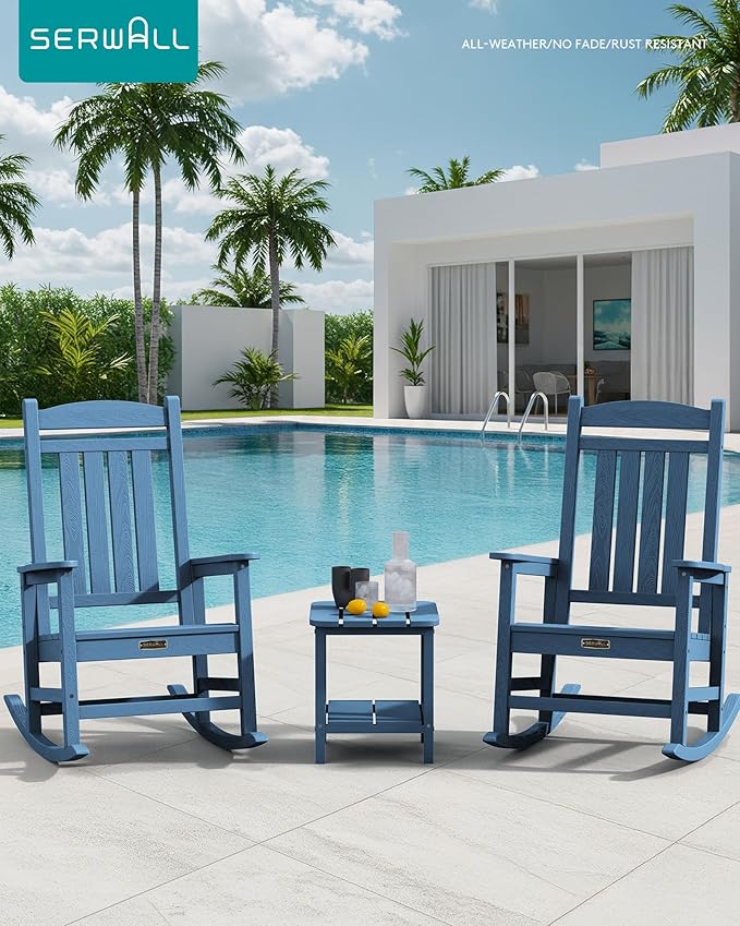 SERWALL Outdoor Rocking Chair Set of 2, HDPE Patio Rocking Chair All-Weather Porch Rocker for Balcony, Yard, Blue