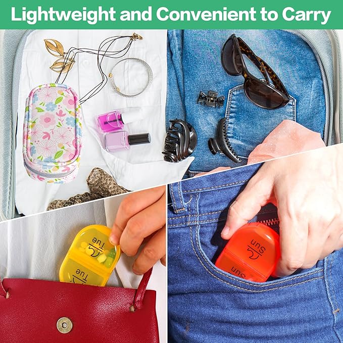 Serfeymi Weekly Travel Pill Organizer 2 Times A Day AM PM Upgraded Rainbow Pill Box 7 Day with Portable Zipper PU Leather Pill Case, Medicine Organizer for Pills, Vitamins, Fish Oils - Floral 01