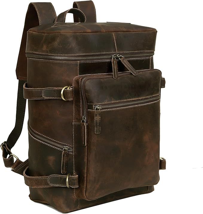 HLC Leather Brown Backpack For Men 17 Inch Genuine Laptop Backpack For Women Men Genuine Leather Backpack Vintage Large Capacity Business Retro Daypack