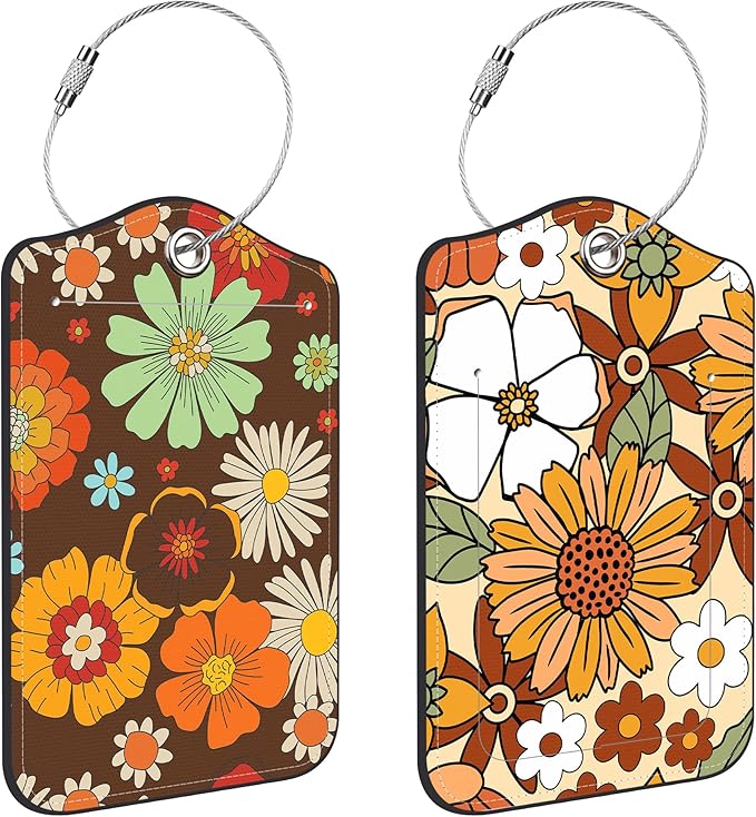 70s Retro Floral Luggage Tags for Suitcases Leather Travel Tags for Luggage ID Label with Privacy Cover and Stainless Steel Loop for Men Women Suitcase Backpack, Set of 2