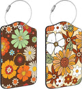 70s Retro Floral Luggage Tags for Suitcases Leather Travel Tags for Luggage ID Label with Privacy Cover and Stainless Steel Loop for Men Women Suitcase Backpack, Set of 2