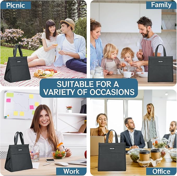 Della Gao Insulated Lunch Bag for Women Men, Waterproof Small Lunch Tote Lunch Box, Reusable Lunch Bags for Work, Party, Travel and Picnic (Black)