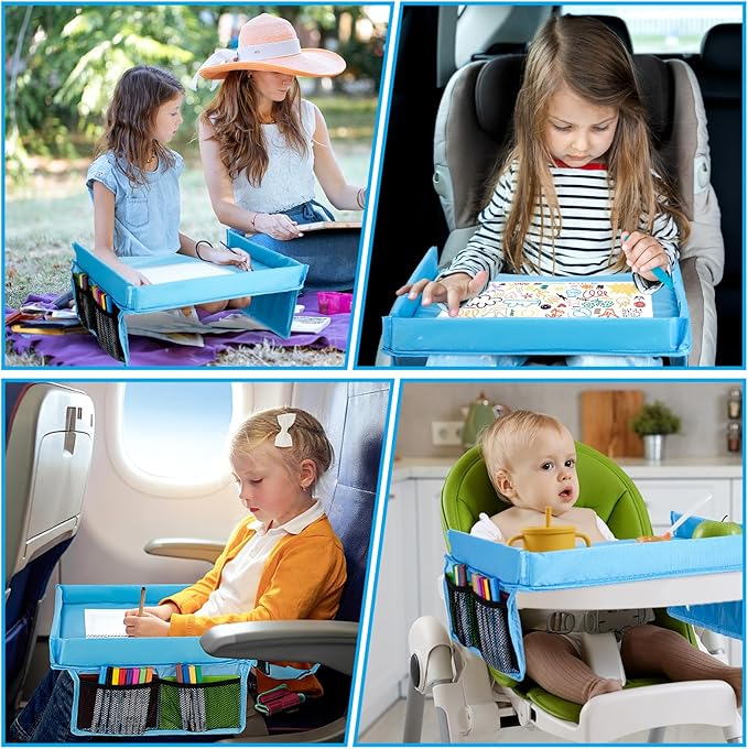 Children Auto Lap Pad - Travel Tray Tablet Holder，Car Seat Lap Tray for Toddlers, Kids，Use on Airplanes, Road Trips, Lap Desk，Tablet Holder and Carry Bag (Blue)