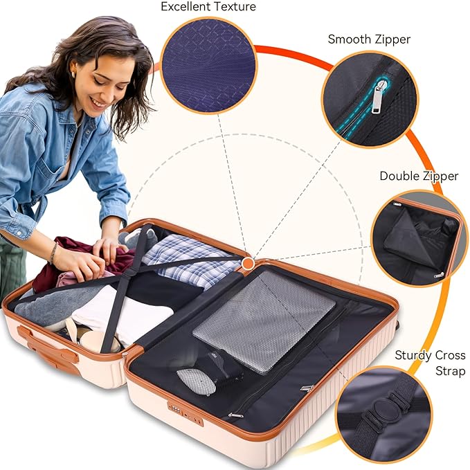 Hoteel 4 Piece Luggage Set (4-YEAR WARRANTY) with Spinner Wheels & TSA Lock, Carry on Luggage Hardshell ABS+PC, Travel Collection Suitcases Sets, Beige(13/20",Travel Bag,Cosmetic Bag)