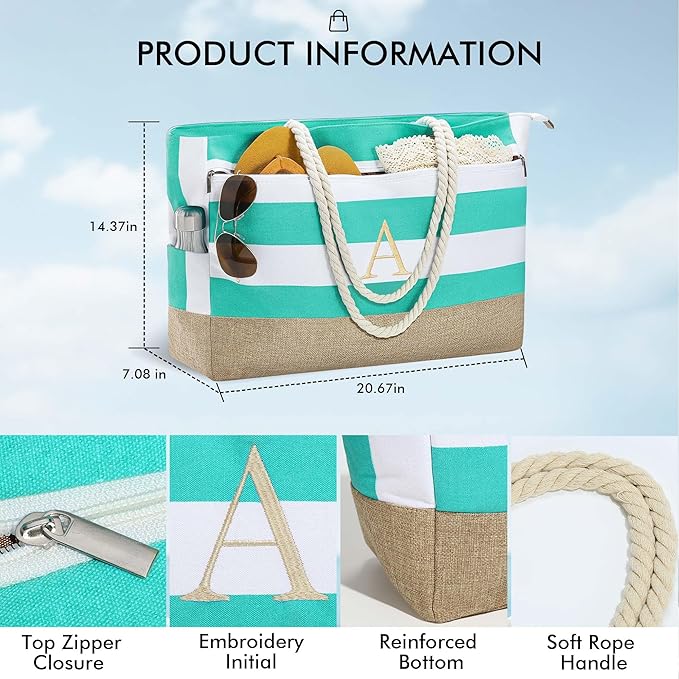 YOOLIFE Large Initial Beach Bag Waterproof Tote Zipper Bag Personalized Gifts for Women Her Birthday Travel Beach Essential