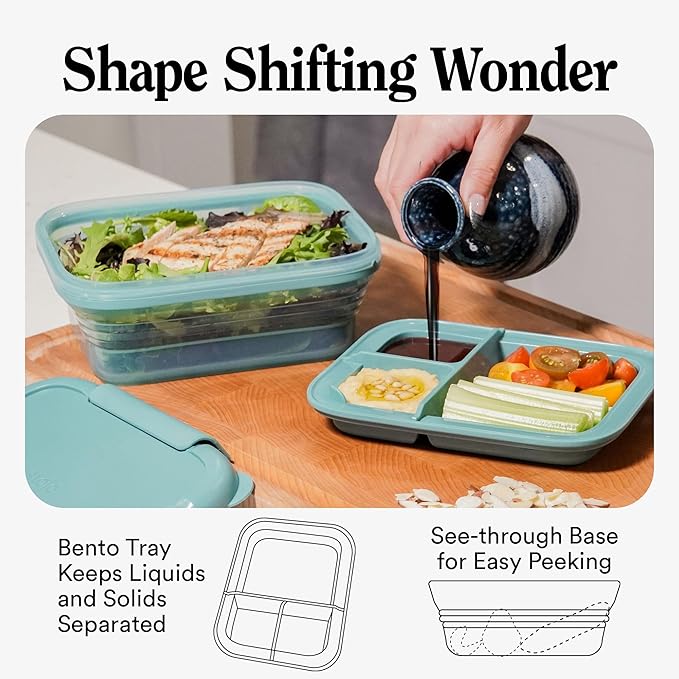 STOJO Collapsible Bento Box, Reusable, Leak-Proof, Microwave & Dishwasher Safe, Premium Lunch Container with Divider – Space-Saving, Transparent Design (Eucalyptus, 6-Cup/1.5L)