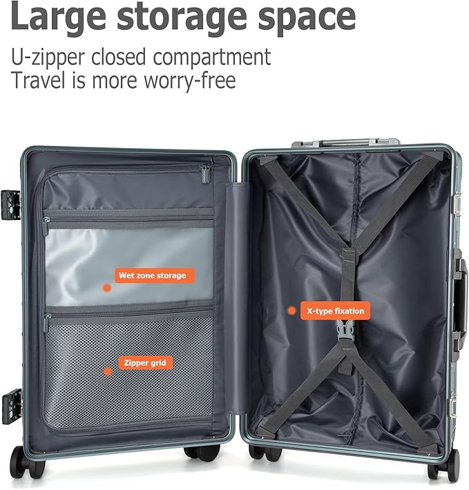 feilario 20in Aluminium Frame PC Hard Shell Spinner Wheels Luggage, Built-In TSA lock Carry on Suitcase, with Cup Holder, USB Port, Phone Holder