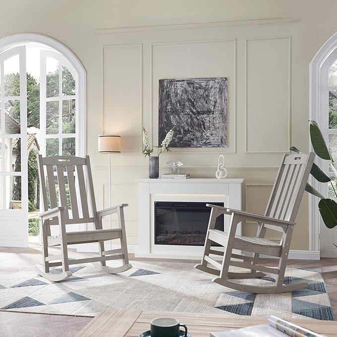 Psilvam Oversized Outdoor Rocking Chair Set of 2, Porch Rocker with 21" Wide Seat and 32" Tall Backrest, Pre-Assembled with Most Components for Effortless Installation (Grey)
