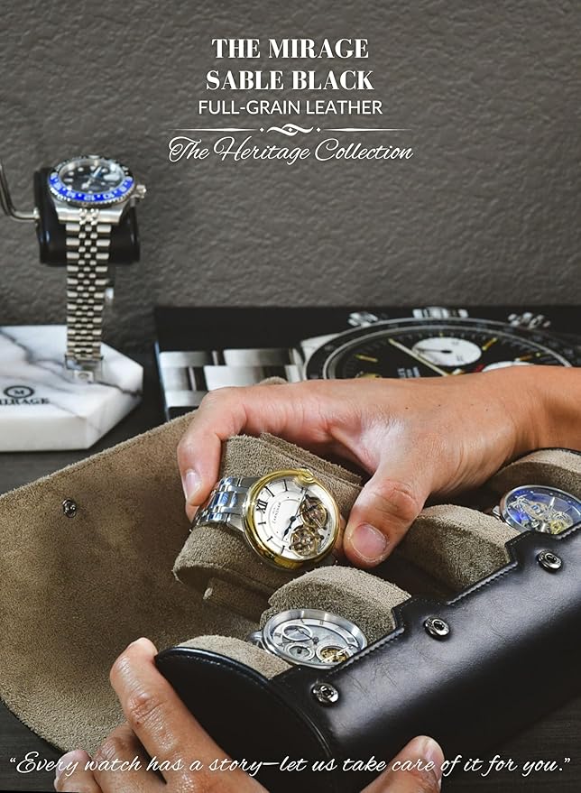 Watch Roll Travel Case Leather – 3 Slot Watch Holder Storage for Travel – Black Full Grain Cow Leather (Beige Interior)