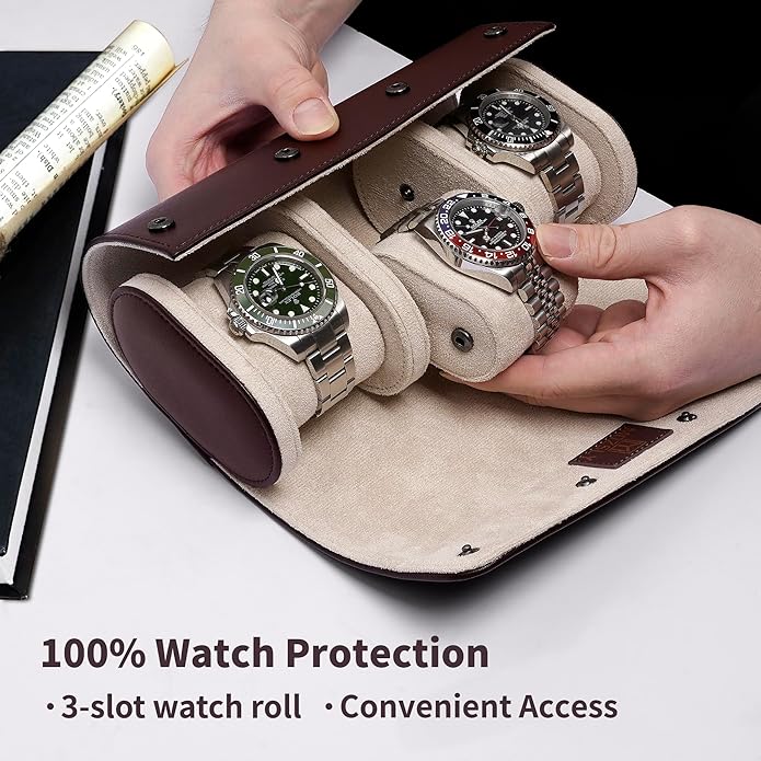 MOZSLY Watch Roll Travel Case 3 Slots Portable Watches Box Organizer Storage Holder Pattern PU Leather