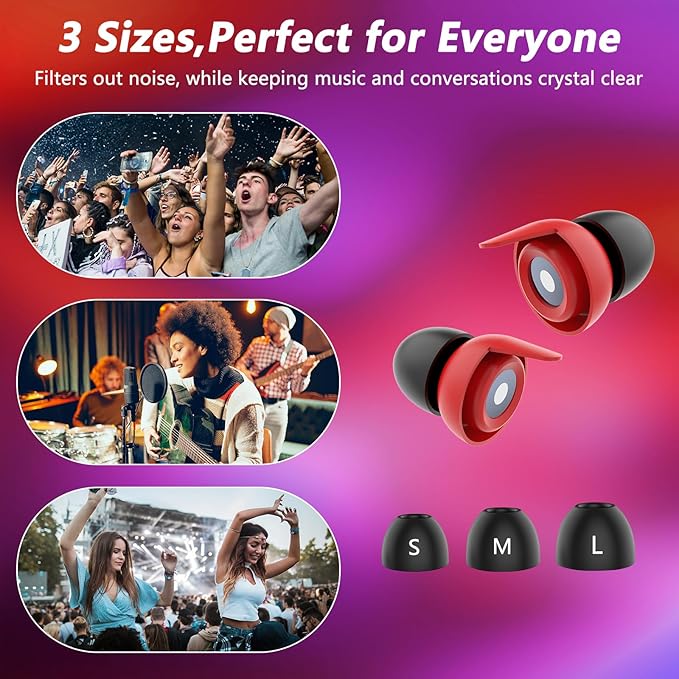 High Fidelity Concert Ear Plugs - 27dB Noise Reduction,2-Pair Reusable Silicone 3 Sizes (S/M/L), Ergonomic Secure Fit & Aluminum Case for Festivals, Live Music, Sports, Motorcycle, Travel