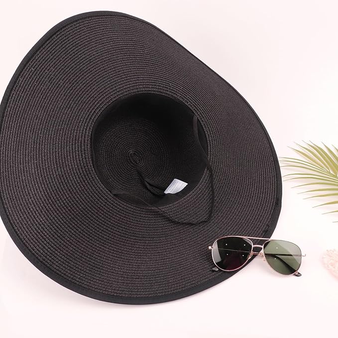 DRESHOW Beach Hats for Women Big Straw Wide Brim Summer Hat Floppy Foldable Roll up Cap Sun Hat UPF 50+