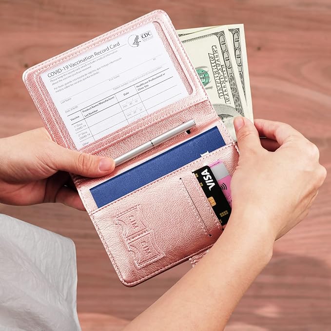 TIGARI Passport Holder for Travel Women Men, PU Leather Waterproof RFID Passport Holder Wallet Cover Case Sleeve, Family Vacation Plane Cruise Travel Document Organizer Essentials-Pink
