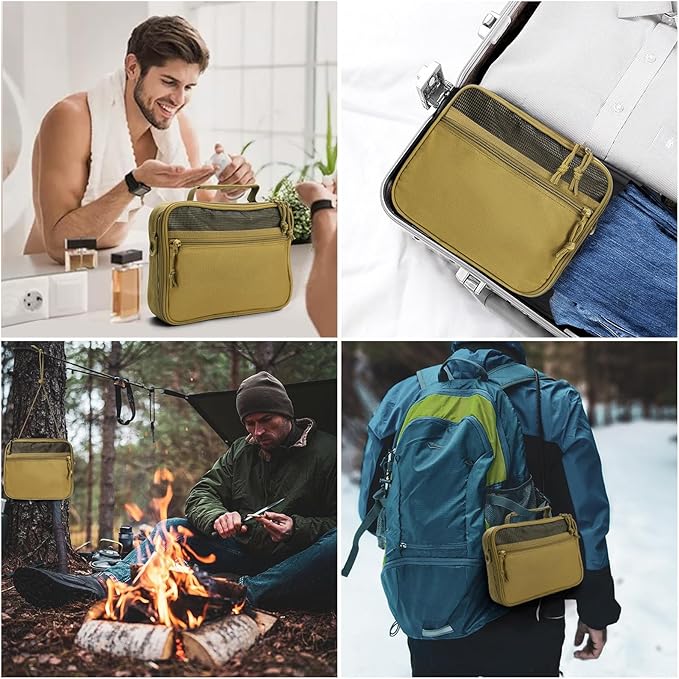 Toiletry Bag for Men Travel, Men's Hanging Toiletry Bag, Portable Dopp Kit Organizer with Hook - Shaving Bag, Tactical Travel Essentials Khaki（No molle）