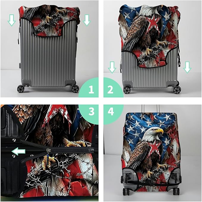 Luggage Cover + Tag, Eagle American Flag Travel Suitcase Protector for 22-24 inch Luggage (M) with Concealed Zipper, Washable Elastic Cloth, Dustproof, Anti-Scratch
