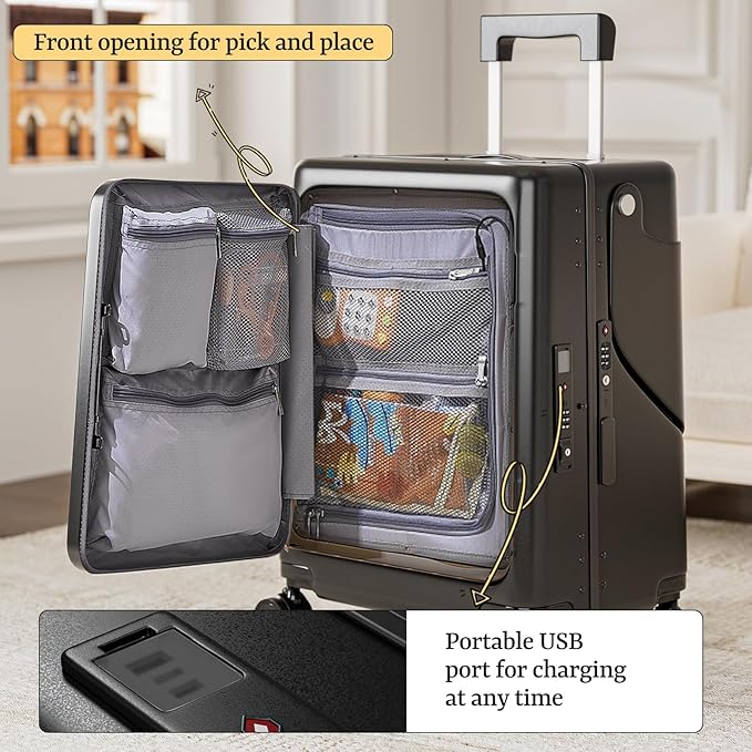 Hardshell Carry On Suitcase with Child Seat, Black Travel Luggage with Front Compartment & 4 Lockable Spinner Wheels, TSA Lock, USB Port, Luggage Cover, Safty Seatbelt (Front-Opening Black, 20 Inch)