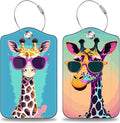 2 Pcs Giraffe in Sunglasses Luggage Tags for Suitcases PU Leather Baggage Tags Name ID Label with Privacy Cover and Stainless Steel Loop for Men Women Travel Bag Suitcase