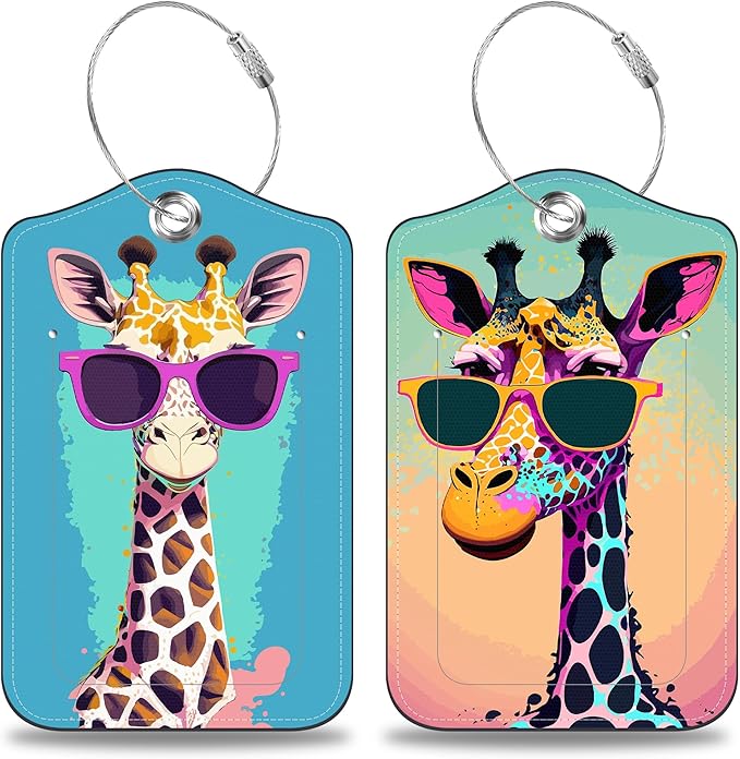 2 Pcs Giraffe in Sunglasses Luggage Tags for Suitcases PU Leather Baggage Tags Name ID Label with Privacy Cover and Stainless Steel Loop for Men Women Travel Bag Suitcase