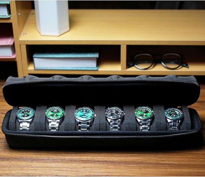 Hard 6 slots watch travel case, watch storage box organizer, 6 slots watch roll display box with soft safe watch pillow (Black, 6slot)