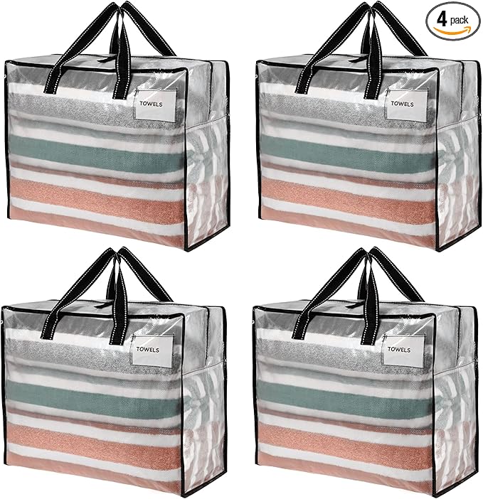VENO 4 Pack Heavy Duty Moving Bags, Storage Bags, Packing Supplies, Top Zipper, Storage Totes for Camping, Clothes, Bedding, Comforters, Pillows (13 Gallon Clear, 4 Pack)