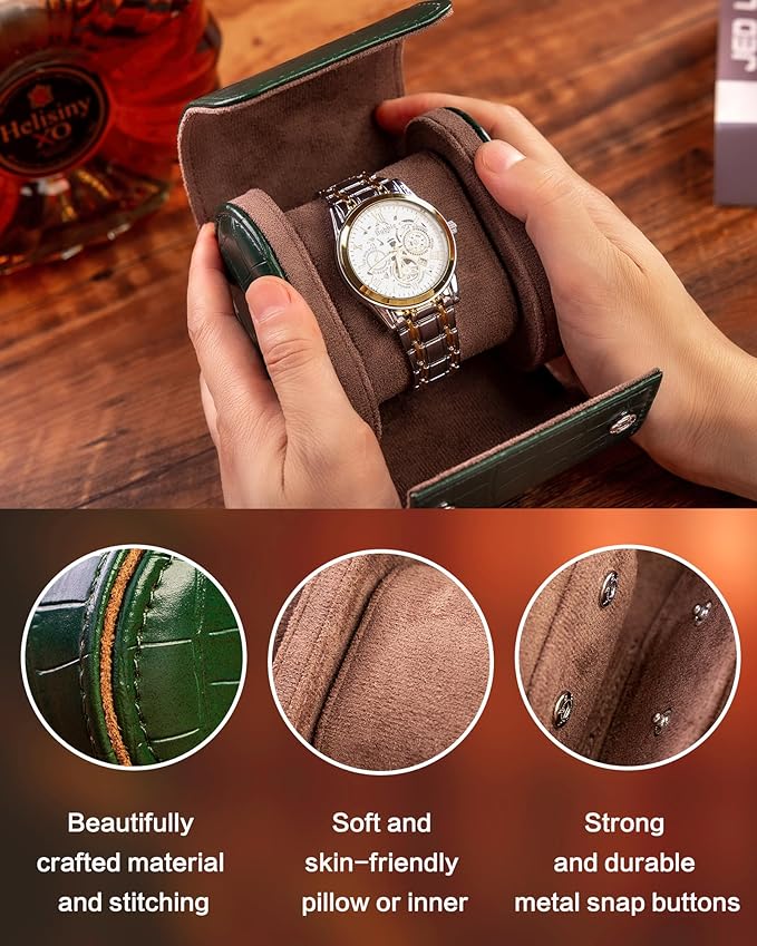 MR.OKAY Single Watch Travel Case-Classic Leather Watch Case With Superb Texture.(Portable Watch Roll Or Organizer For Storage And Display).Festival Gift For Men, All Handcrafted By Artisans