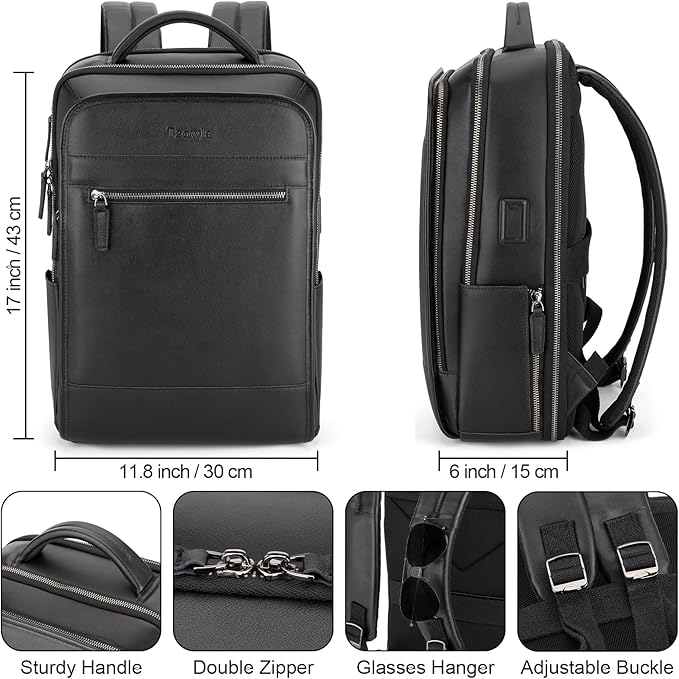 Tzowla Leather Laptop Backpack, Bag for Men and Women,Business Travel Work Rucksack Fits 15.6 Inch Laptop,Bookbag with USB and Type-C Charging Port-Black