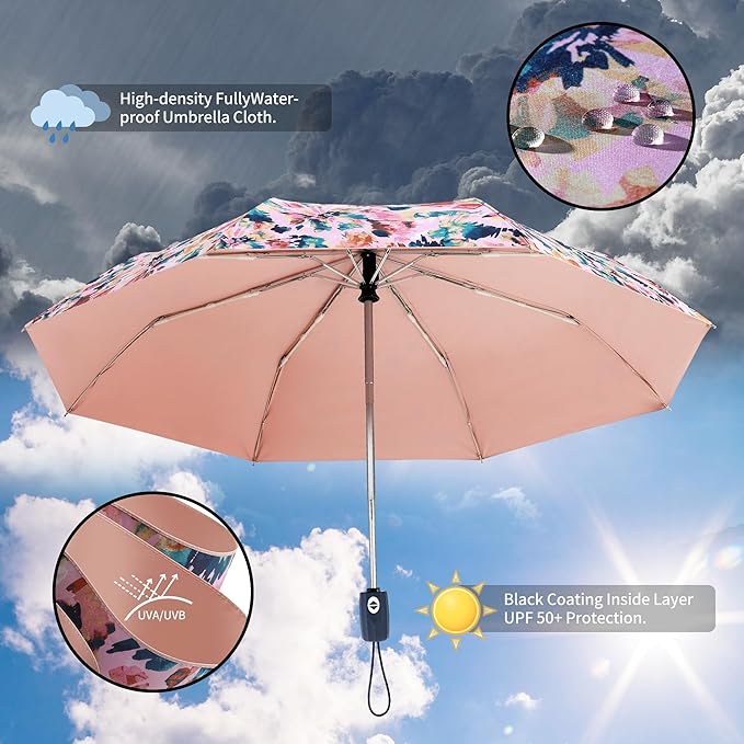 Color Coated Sun Umbrella UV Protection Compact Folding Windproof Parasols Travel Auto Open Close Shade Blocking UV