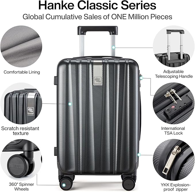 Hanke 24 Inch Luggage Suitcases With Spinner Wheels Lightweight PC Hard Shell Rolling Suitcase With Travel Lock,Checked-Medium 24-Inch(Jet Black)