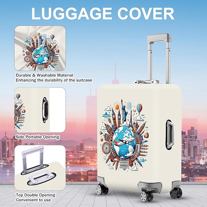 ANNA QUEEN Travel Around the World Luggage Cover, Colorful Landmark Suitcase Protector with Airplane & Globe Design, Stretchable, Washable Travel Sleeve for 32-34 Inch Luggage
