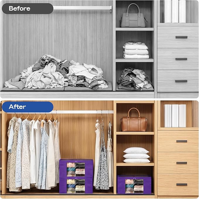 Clothes Storage Bags, Foldable Thick Fabric Blanket Storage Bags, Large Clear Window & Carry Handles, Great for Clothes, Blankets, Closets, Pillows, Toys (Purple, 6PACK)