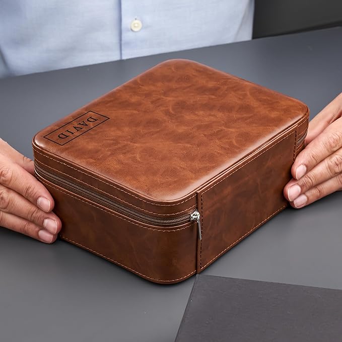 Awesometik Luxury Travel PU Leather Watch Case. Watch Storage Organizer. Watch Display & Watch Holder. Perfect For Watch Collection. Ready to Gift for Men (Brown/Brown, Engraved 3 Slot Watch Case)