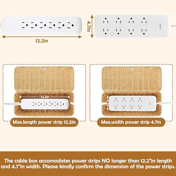 Cable Management Box, Handmade Imitation Rattan Cord Cable Organizer, Open Slots Cords Hider Box Under Desk Cord Organizer for Computer Router USB Hub & Power Strip