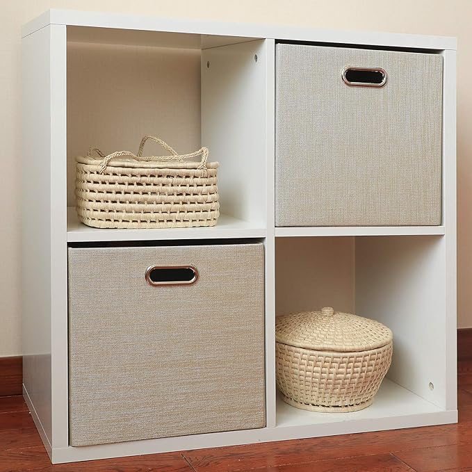 Foldable Storage Bins,13×13 Storage Cubes Basket Containers for Shelf Cabinet Bookcase Boxes,Thick Fabric Drawers - Set of 2, Beige