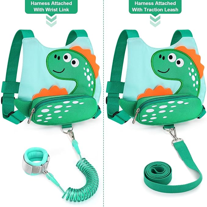 Accmor 3 in 1 Toddler Harness Leash + Baby Anti Lost Wrist Link, Cute Dinosaur Kids Safety Harness Tether, Kids Walking Wristband Assistant Strap Belt for Parent Boys Outdoor Activity (LightGreen)