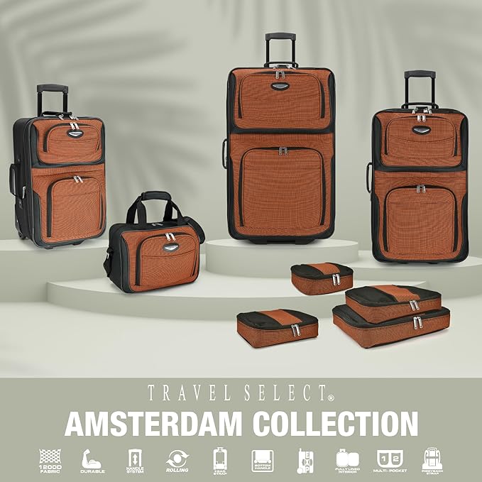 Travel Select Amsterdam 4-Piece Softside Expandable Rolling Luggage Set, Lightweight 2-Wheel Suitcases, Packing Cubes, Travel Tote, Durable Polyester Construction, Gray
