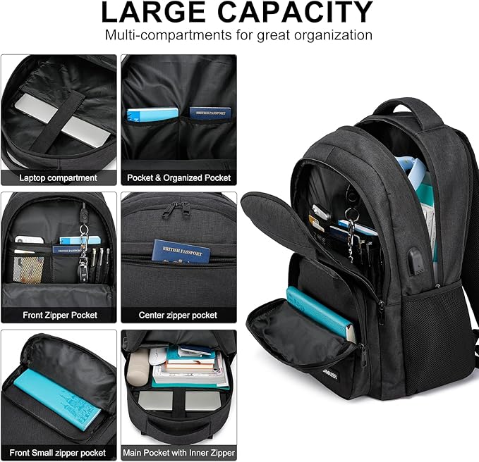 Black Backpack for School, college Backpack for Teens,Students, with 17.3 inch Laptop Sleeve Back Pack for Boys, Large Computer Back Pack with Compartments for Men & Women