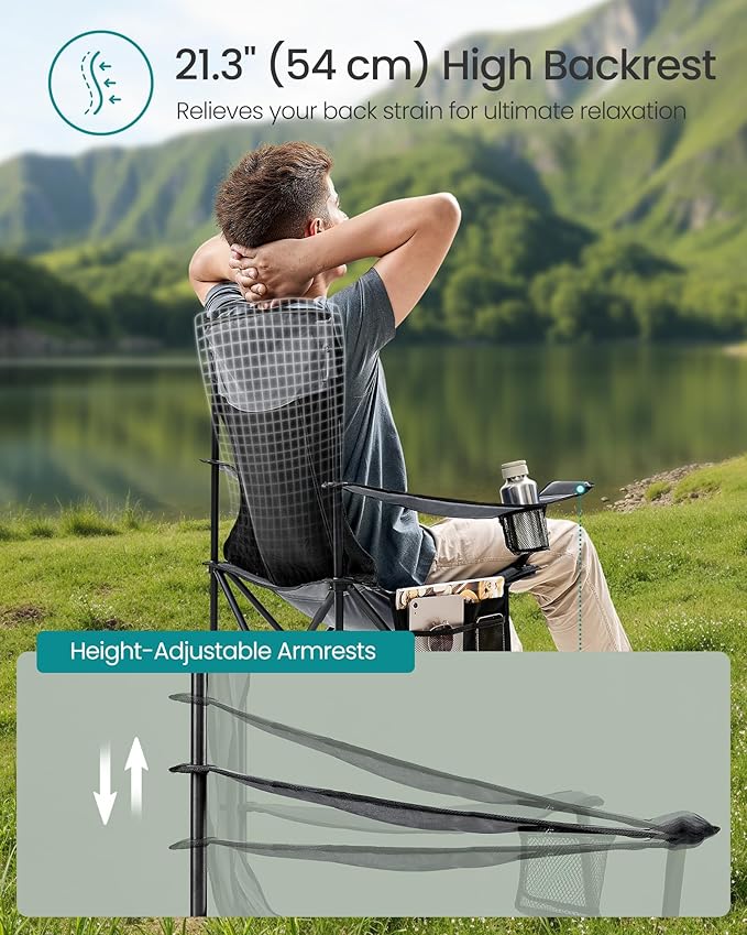SONGMICS Breathable Camping Chairs, Foldable Outdoor Chairs Set of 2, High Back, Adjustable Armrests, Drink Holder, Weight Capacity 330 lb, for Sports Garden Backyard, Slate Gray UGCB028G01