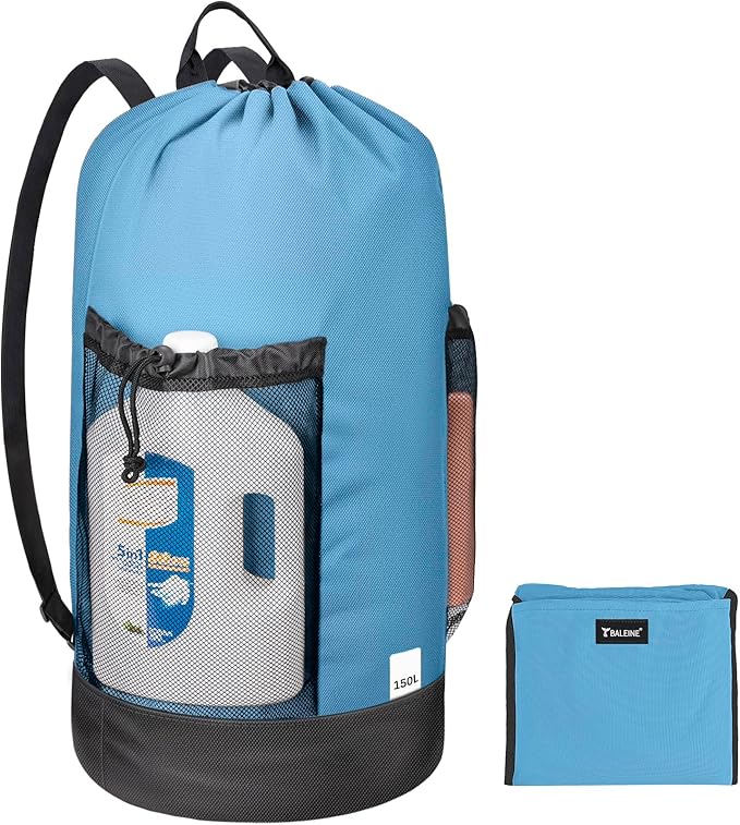 BALEINE 150L Laundry Bag Backpack, 900D Oxford Fabric Large Travel Laundry Bags with Shoulder Straps and 2 Mesh Pockets for College Dorm, Apartment, Laundromat (Blue, 150L)