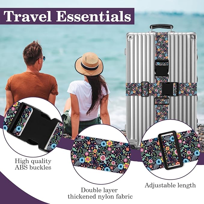 Luggage Straps for Suitcases TSA Approved, Luggage Identifiers for Suitcase, Adjustable Suitcase Strap for Baggage Security with Cute Patten, Travel Necessary Accessories 2Pack (Color Retro)