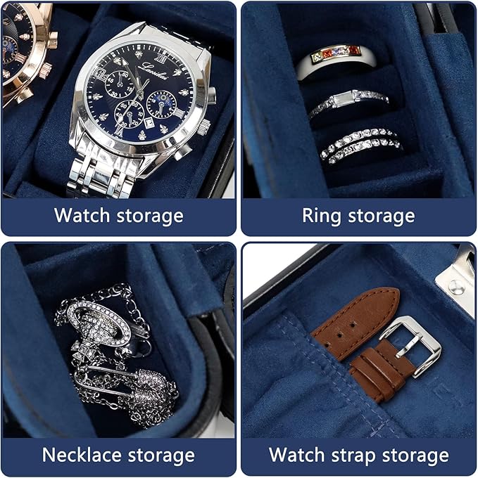 KAMIER Watch Travel Case with Combination Lock - 2 Watch Storage and Jewelry Organizer - Watch Case for Ring and Watch Storage, PU Leather Travel Watch Case, Ideal for Gift (With Gift Box) (Black)